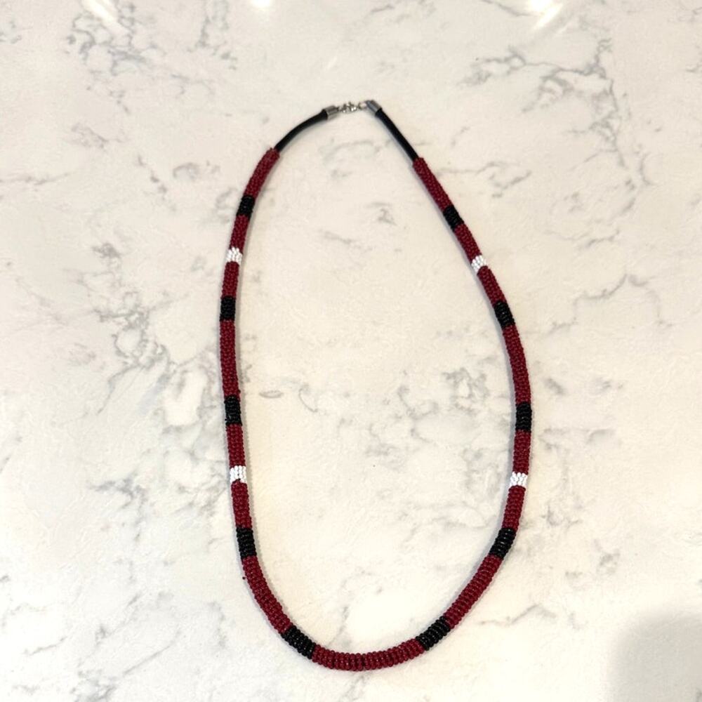 Handmade Beaded Necklace Black Red White Wrapped Rope Necklace Native Unisex